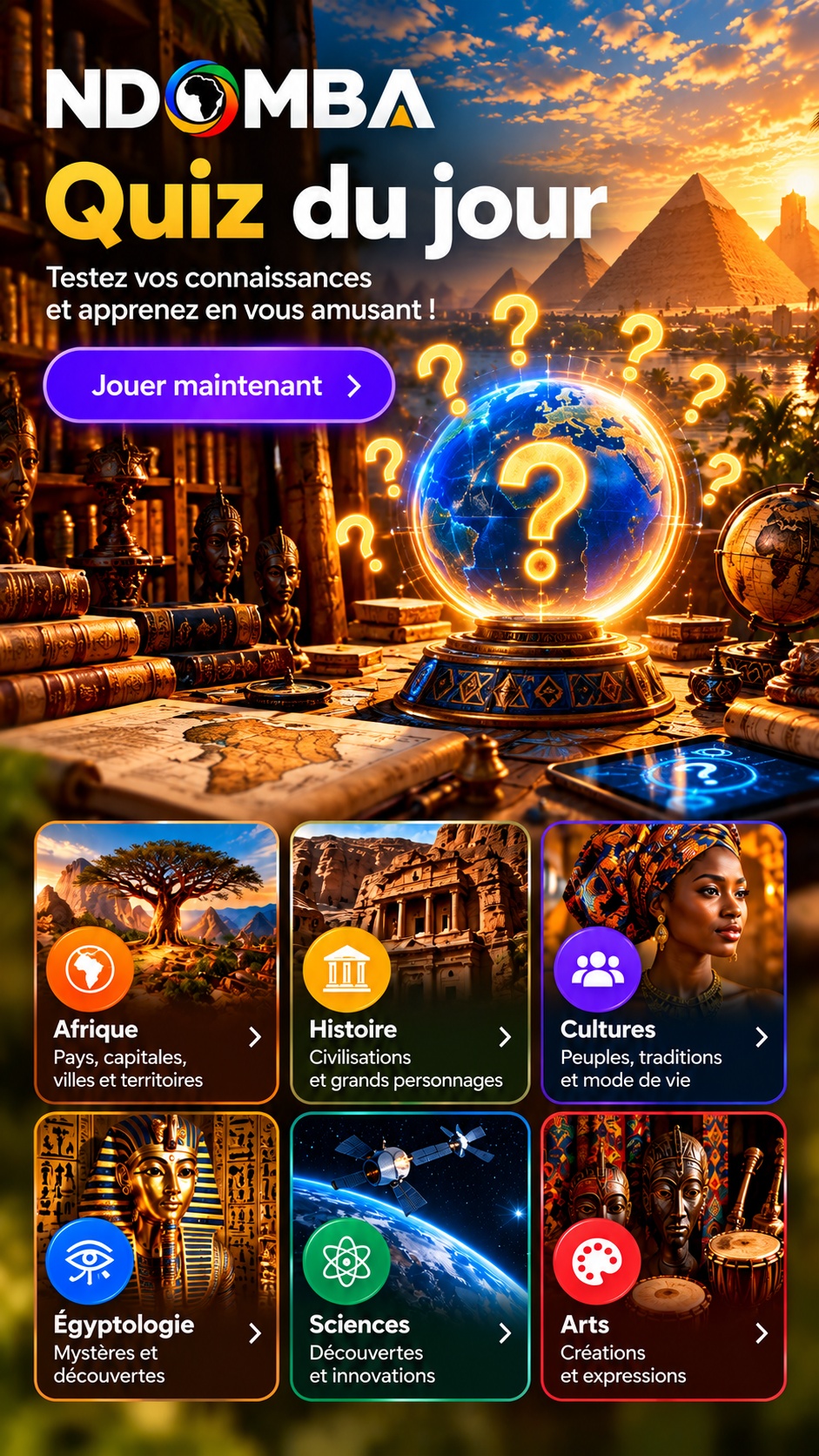 NDOMBA Quiz du jour — globe lumineux et découverte des connaissances